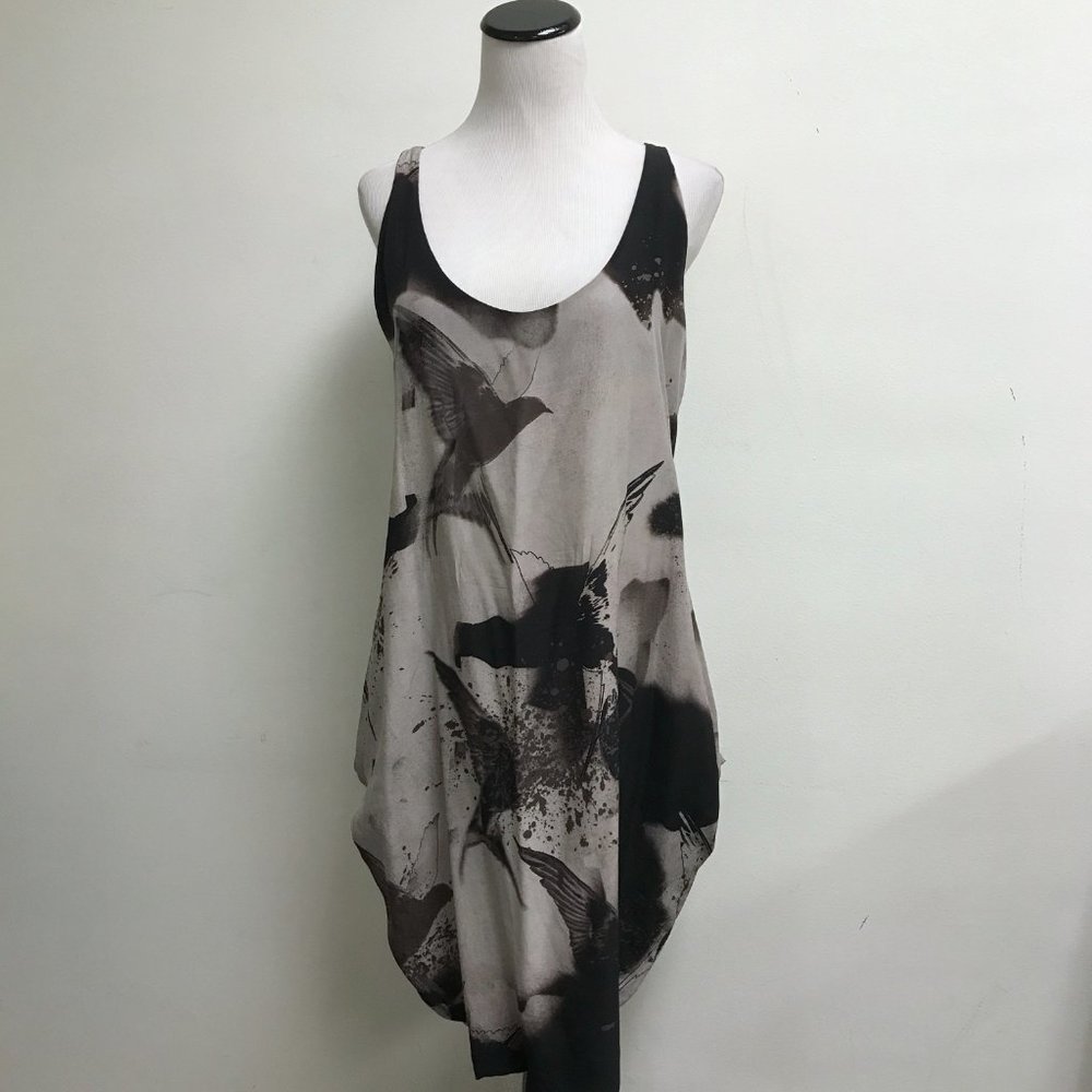 Diesel black gold silk sleeveless loose fit dress bird gray print low back L - Picture 3 of 9